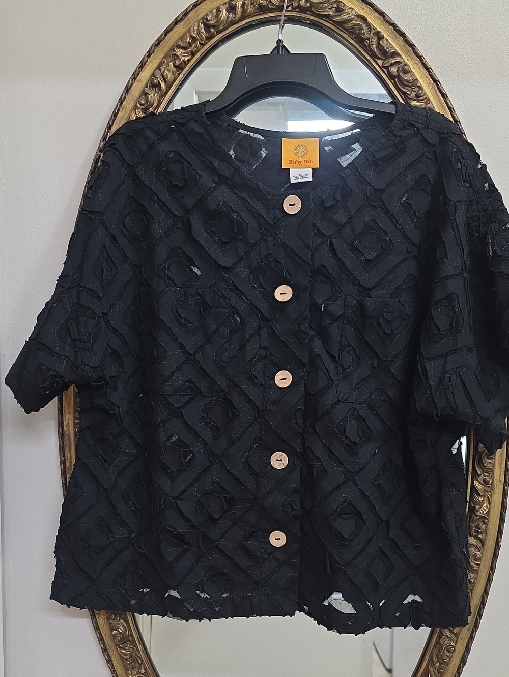 Ruby Rd. Black Sheer Top With Textured Overlay  Button-Front Top Size 14 Boxy